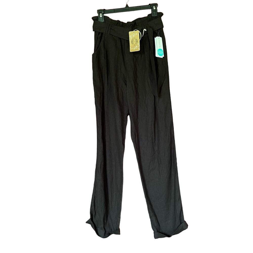 Mason & Belle Pants Bea Black Tapered Leg Linen Beach Belted Sz S Stitch Fix NEW